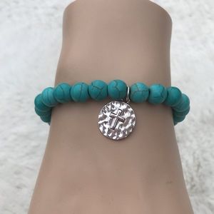 Cross Charm Turquoise Stretch Bracelet